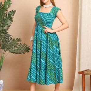 Women's Viscos Rayon Printed Off Shoulder Midi Dress For Summer And Casual Wear (Teal Blue)